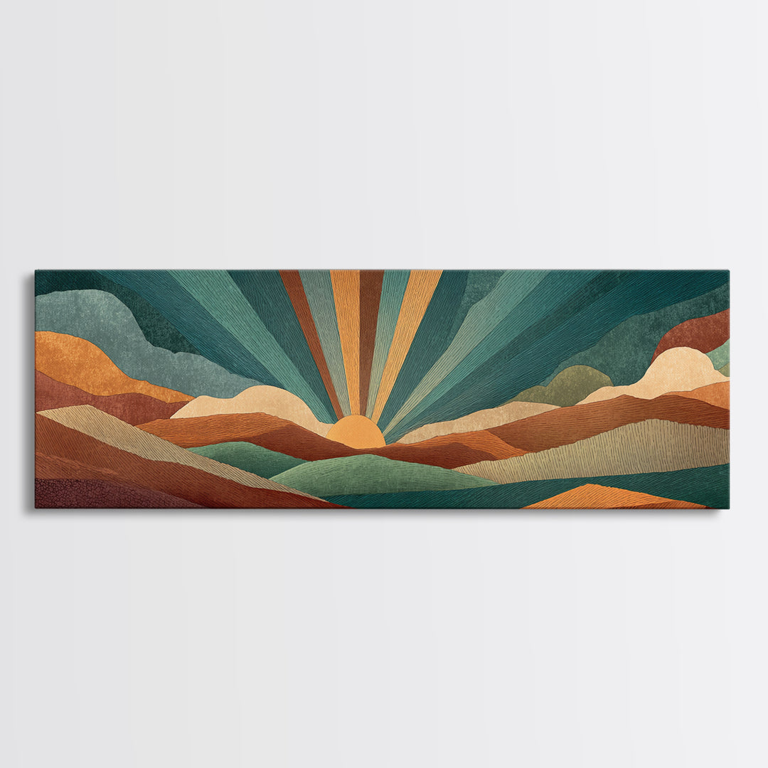 Teal And Burnt Orange Mountain Sunrise Canvas Print, Midcentury Abstract Wall Art, Modern Retro Decor, Boho Desert Poster