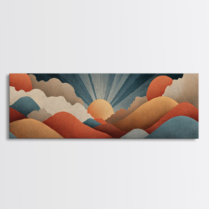 Textured Sun And Twin Clouds Over Rolling Hills Wall Art, Midcentury Modern Print, Retro Earth Tone Decor, Abstract Canvas