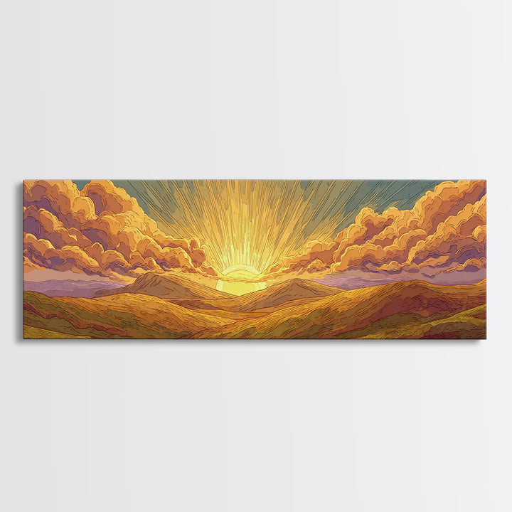 Golden Sunrise Over Desert Valley Framed Canvas Print, Retro Landscape Wall Art, Midcentury Modern Decor, Warm Boho Poster