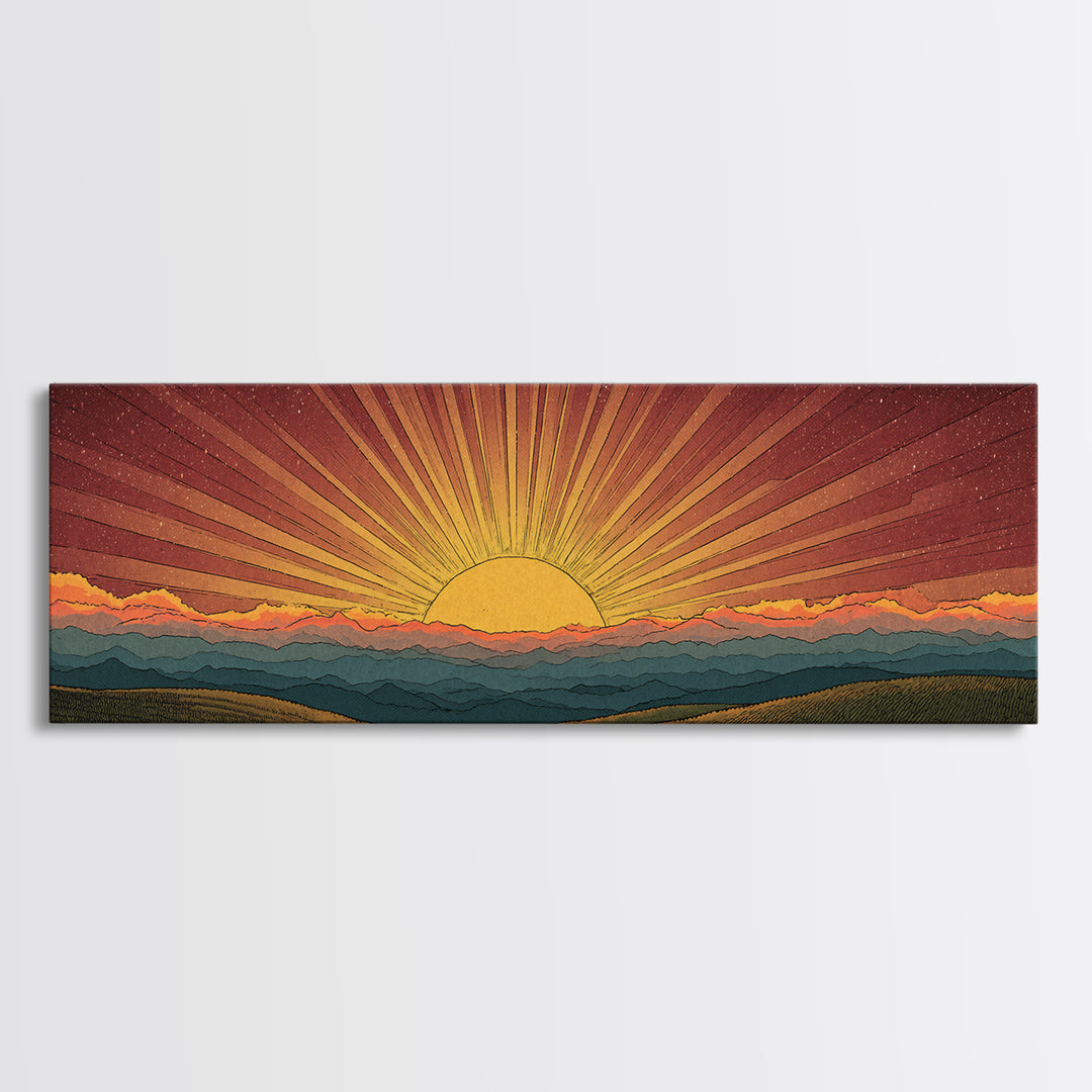 Radiant Orange Sunset Behind Blue Mountains Canvas Print, Midcentury Sun Wall Art, Retro Landscape Decor, MCM Home Poster