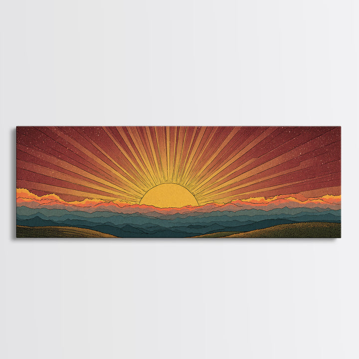 Radiant Orange Sunset Behind Blue Mountains Canvas Print, Midcentury Sun Wall Art, Retro Landscape Decor, MCM Home Poster