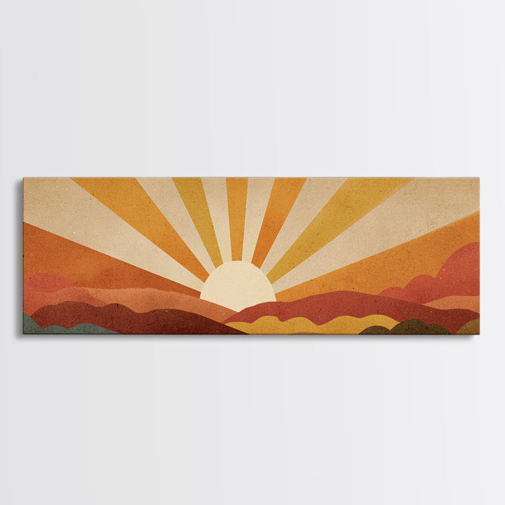 Warm Orange Sun Rays Over Abstract Hills Wall Art, Midcentury Modern Print, Retro Desert Decor, Minimalist Canvas Poster