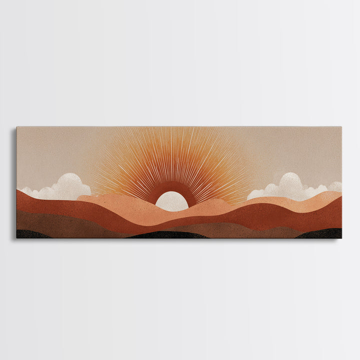 Minimalist Half Sun Over Layered Desert Hills Canvas Print, Midcentury Wall Art, Neutral Retro Decor, Boho Abstract Poster