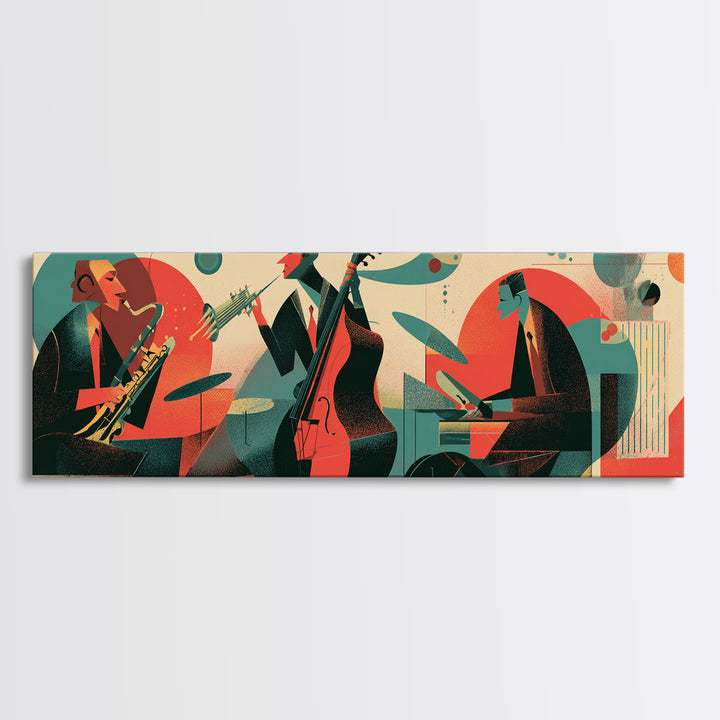 Retro Jazz Club Trio Canvas Print, Midcentury Modern Wall Art, Atomic Music Poster, Bold Abstract Colorful Living Room Decor