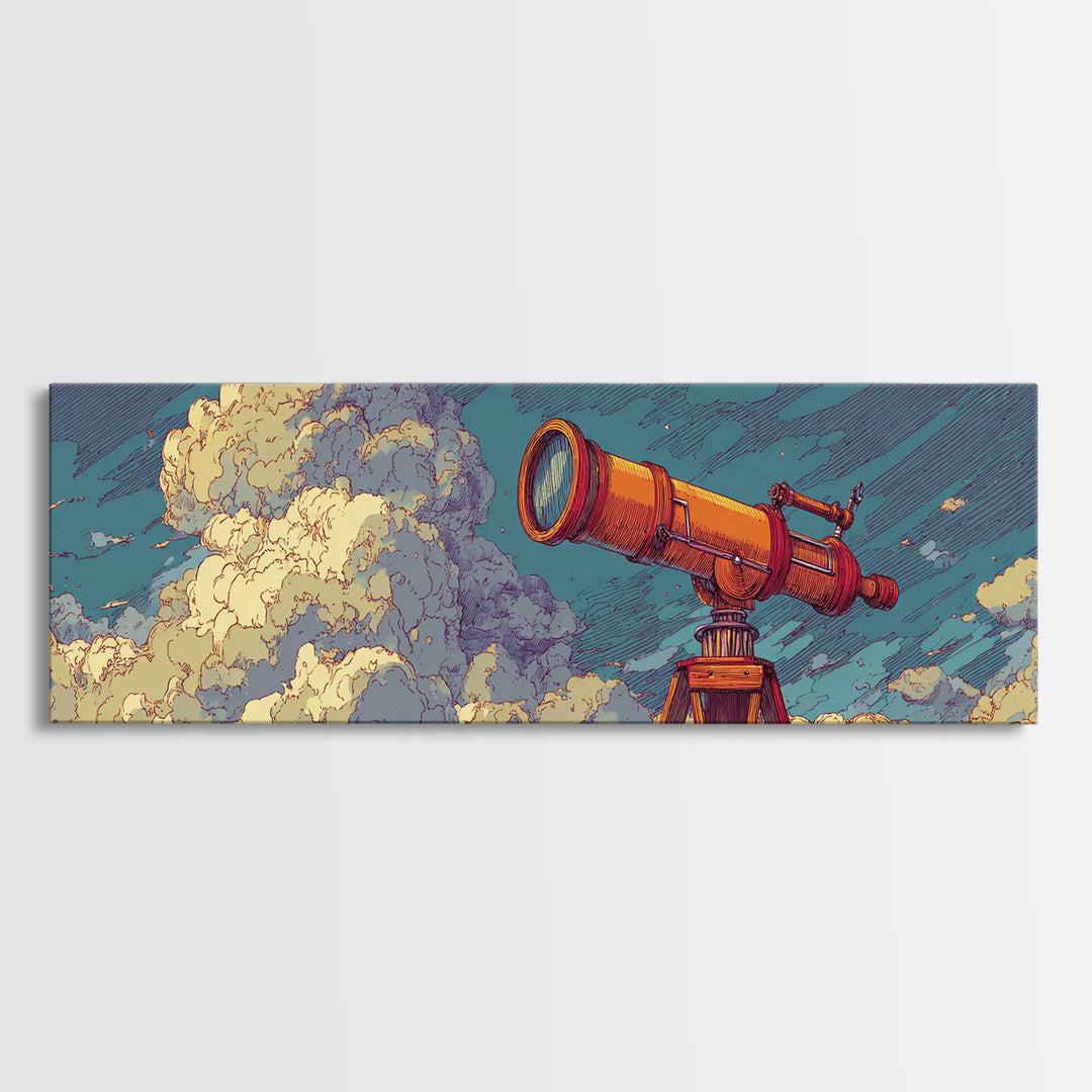 Orange Telescope In Clouds Wall Art, Retro Astronomy Poster, Midcentury Modern Art, Space Abstract Art, Office Decor, MCM Print