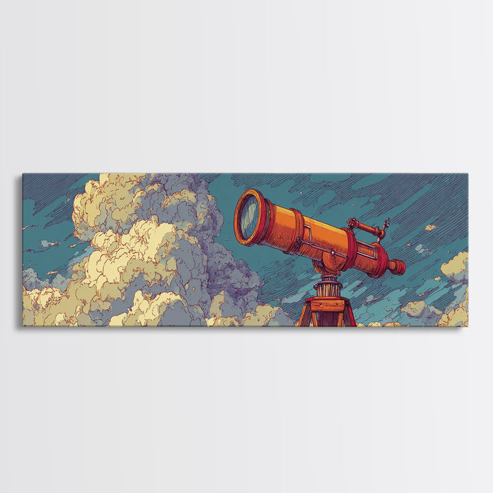 Orange Telescope In Clouds Wall Art, Retro Astronomy Poster, Midcentury Modern Art, Space Abstract Art, Office Decor, MCM Print