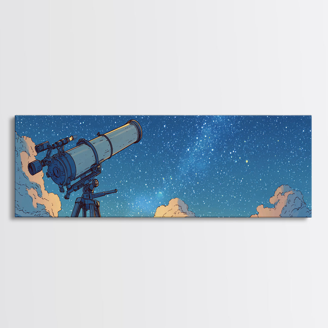 Blue Night Telescope And Stars Canvas Print, Retro Space Poster, Midcentury Wall Art, Astronomy Decor, Modern Art Print, MCM