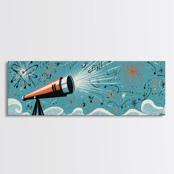 Retro Telescope Beam With Atomic Doodles Wall Art, Midcentury Modern Art, Space Poster, Geometric Wall Decor, Colorful MCM Print