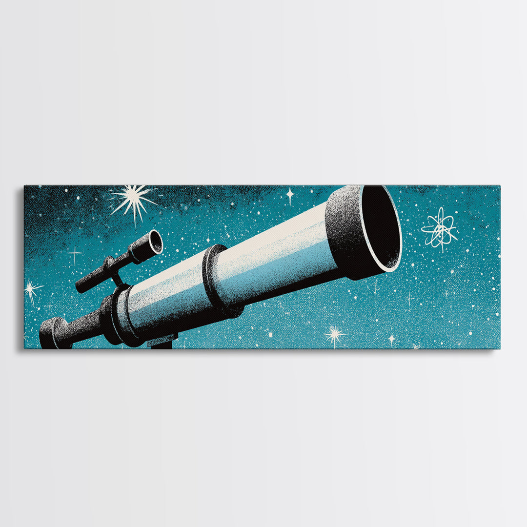 Close Up Blue Telescope Framed Canvas Print, Retro Astronomy Wall Art, Midcentury Modern Decor, Starry Space Poster, Office Art