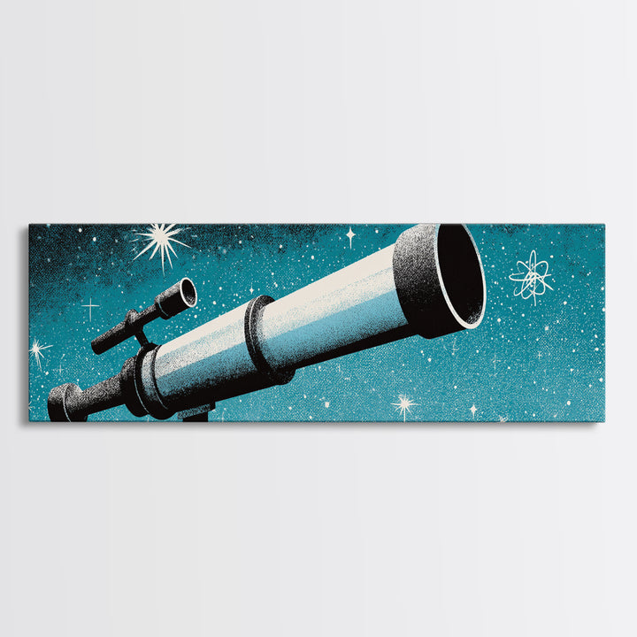 Close Up Blue Telescope Framed Canvas Print, Retro Astronomy Wall Art, Midcentury Modern Decor, Starry Space Poster, Office Art