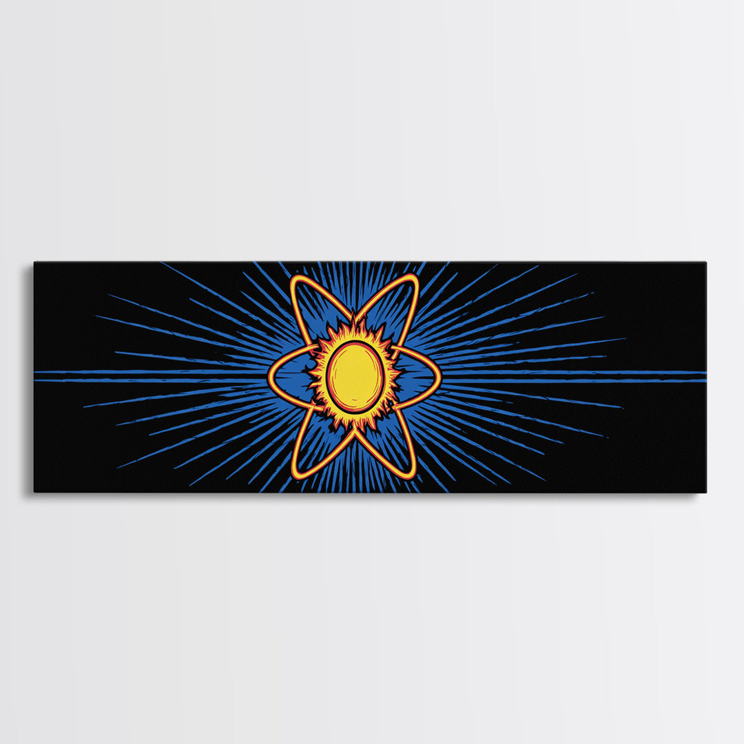 Glowing Atom With Blue Rays Wall Art, Atomic Retro Poster, Midcentury Modern Decor, Space Abstract Art, Geometric MCM Print