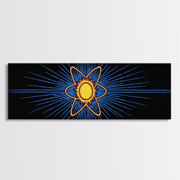 Glowing Atom With Blue Rays Wall Art, Atomic Retro Poster, Midcentury Modern Decor, Space Abstract Art, Geometric MCM Print