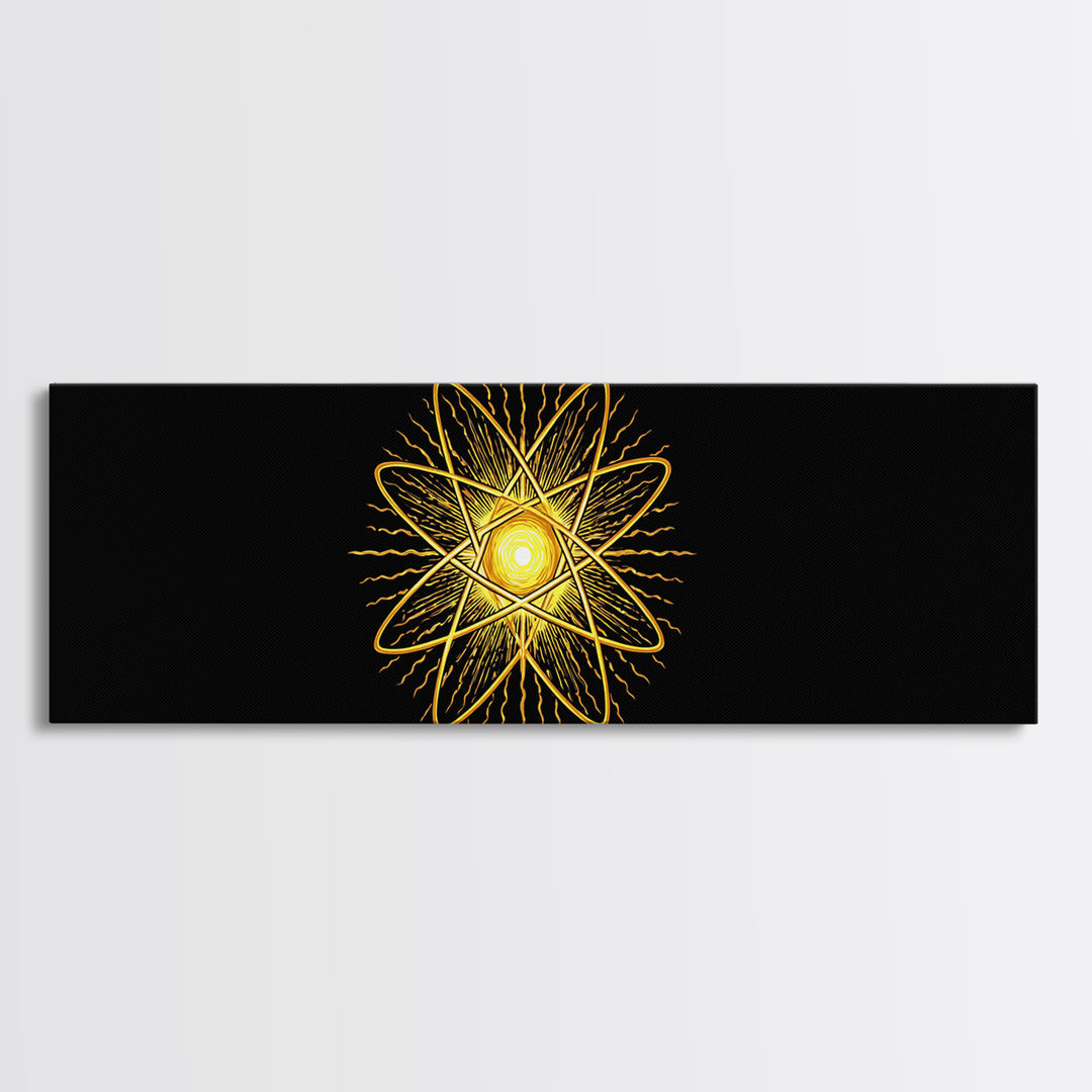 Golden Atomic Star On Black Canvas Print, Midcentury Modern Art, Retro Space Poster, Geometric Wall Decor, MCM Abstract Art