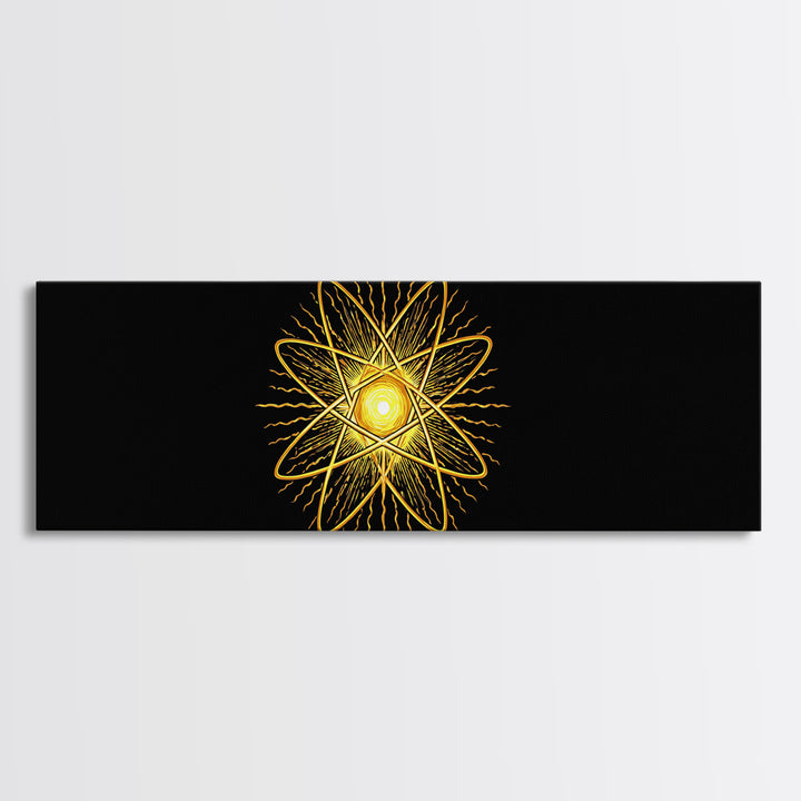 Golden Atomic Star On Black Canvas Print, Midcentury Modern Art, Retro Space Poster, Geometric Wall Decor, MCM Abstract Art