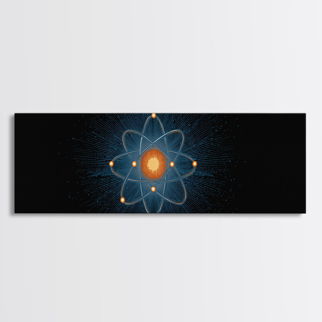 Blue Particle Atom With Orange Core Wall Art, Retro Science Poster, Midcentury Modern Decor, Space Abstract Art, MCM Print