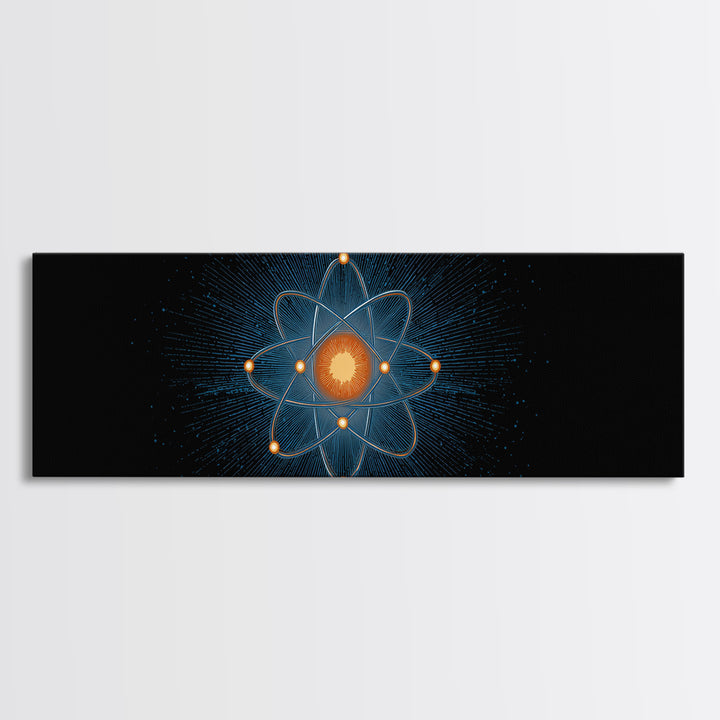 Blue Particle Atom With Orange Core Wall Art, Retro Science Poster, Midcentury Modern Decor, Space Abstract Art, MCM Print