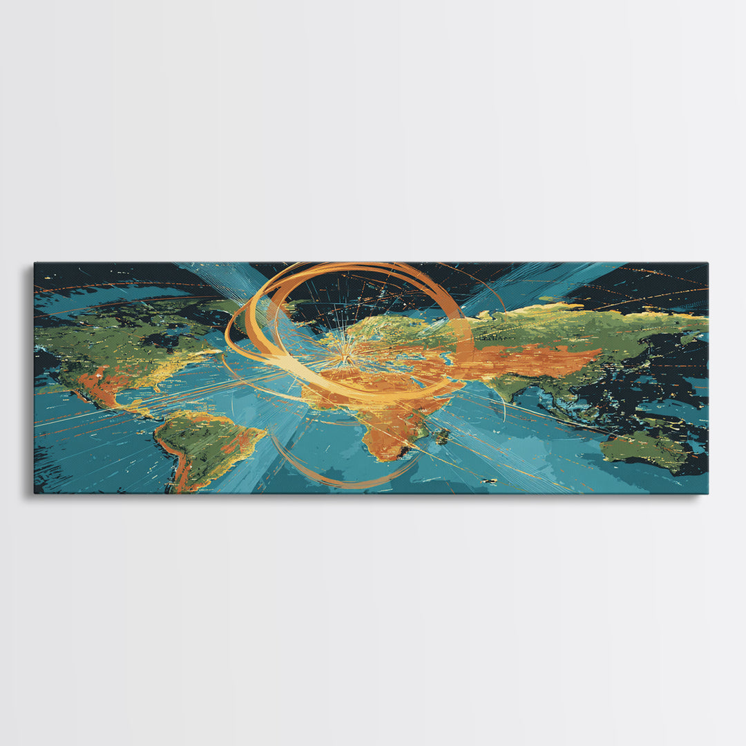 World Map With Orbital Energy Rings Framed Canvas Print, Retro Futurist Wall Art, Modern Abstract Art, Office Decor, MCM