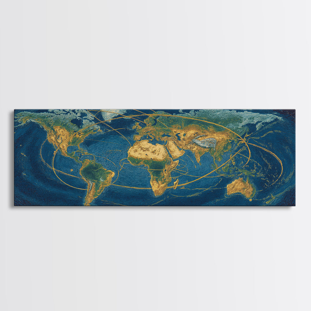 Golden World Map With Orbital Routes Wall Art, Panoramic Modern Art Print, Travel Wall Decor, Office Decor, Blue Gold Poster