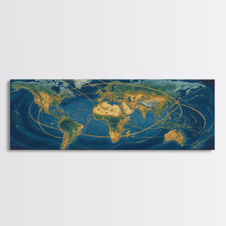 Golden World Map With Orbital Routes Wall Art, Panoramic Modern Art Print, Travel Wall Decor, Office Decor, Blue Gold Poster