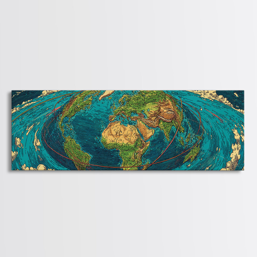 Turquoise Fisheye World Map Canvas Print, Panoramic Travel Wall Art, Modern Home Decor, Office Poster, Blue Green Artwork