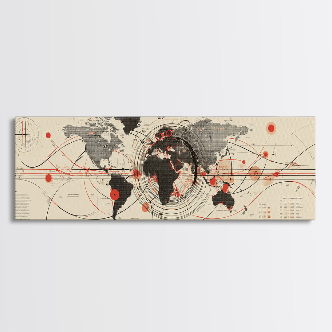 Abstract World Map With Red Orbit Lines Wall Art, Midcentury Modern Art Print, Office Decor, Home Decor, Geometric Travel Poster