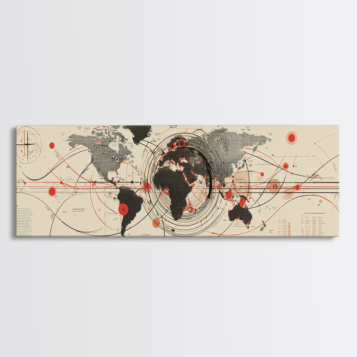 Abstract World Map With Red Orbit Lines Wall Art, Midcentury Modern Art Print, Office Decor, Home Decor, Geometric Travel Poster