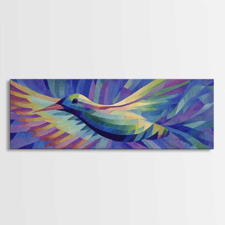 Blue Purple Hummingbird In Flight Canvas Print, Colorful Modern Wall Art, Midcentury Bird Poster, Vibrant Bedroom Decor Print