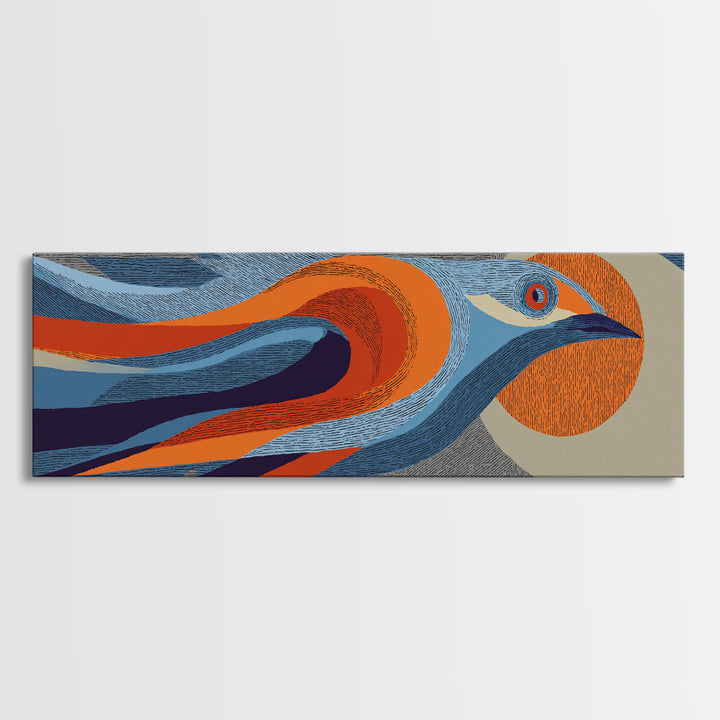 Orange Blue Streamline Bird Canvas Print, Retro Midcentury Wall Art, Geometric Wildlife Poster, Modern Home Decor For Living Room