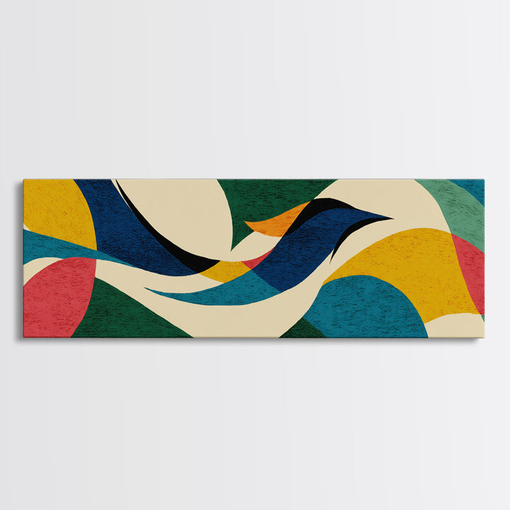 Cream Teal Abstract Flying Bird Wall Art, Midcentury Modern Canvas Print, Colorful Geometric Poster, Boho Home Decor Print Gift