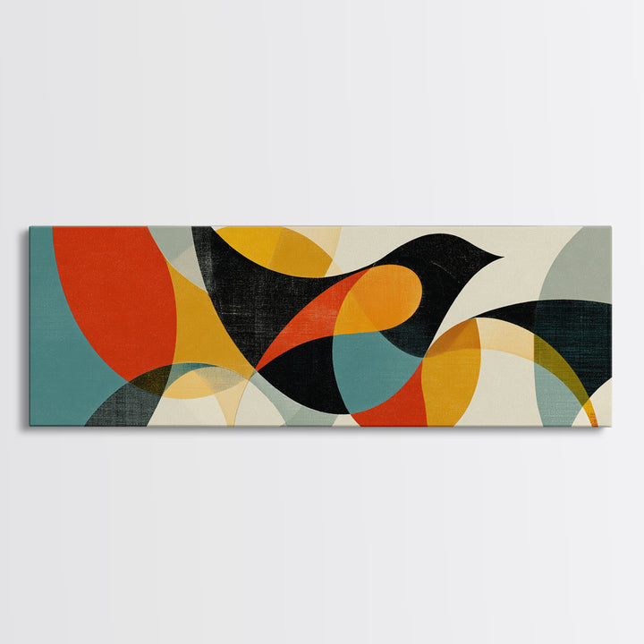 Black Bird With Transparent Circles Wall Art, Midcentury Modern Canvas Print, Abstract Geometric Poster, Retro Home Decor