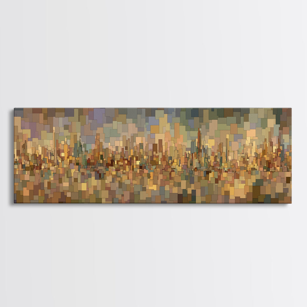 Golden Abstract City Reflection Wall Art, Modern Urban Panorama Print, Midcentury Modern Decor, Large Living Room Art Decor