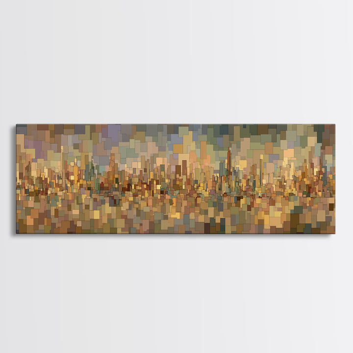 Golden Abstract City Reflection Wall Art, Modern Urban Panorama Print, Midcentury Modern Decor, Large Living Room Art Decor