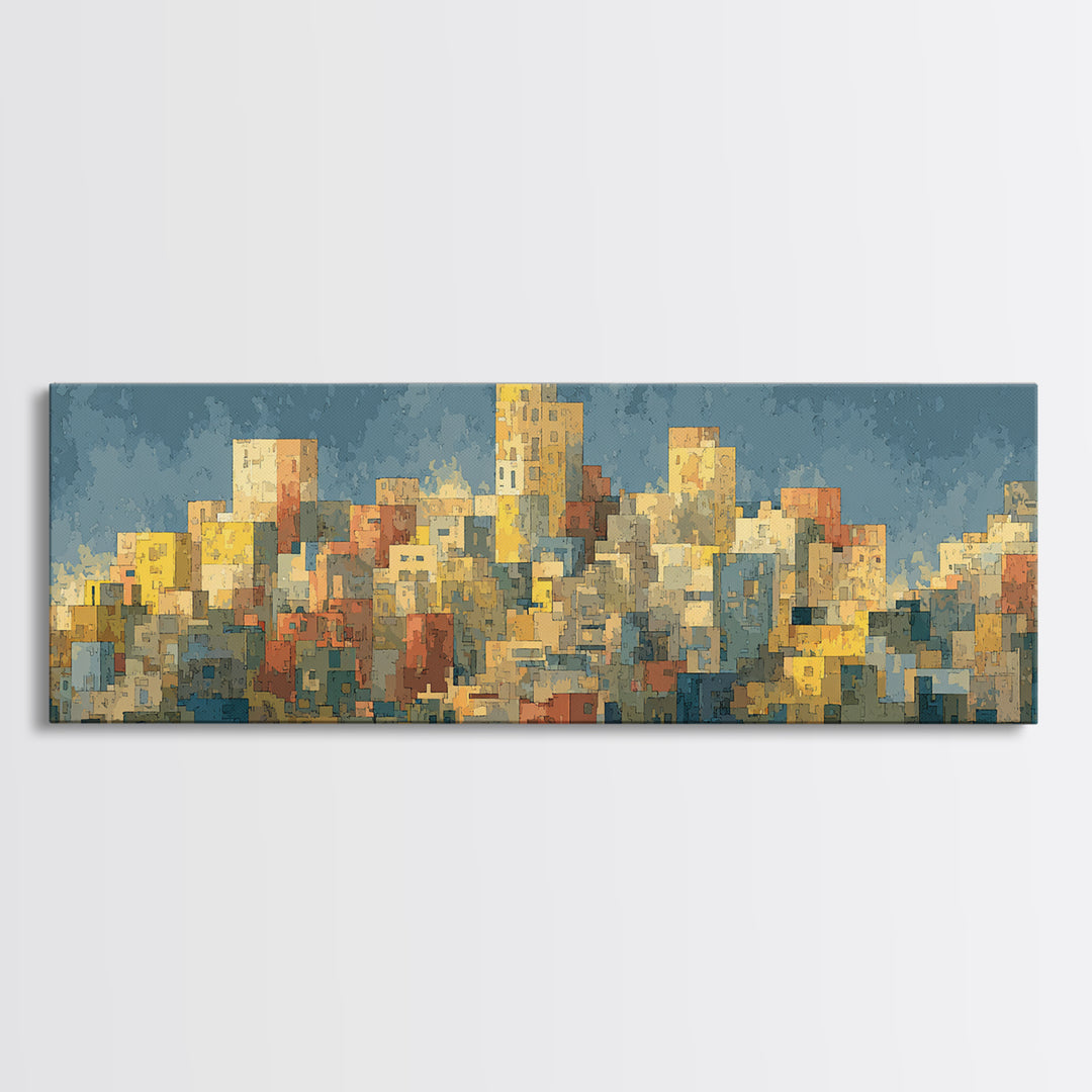 Sunlit Abstract City Skyline Wall Art, Blue And Yellow Urban Print, Midcentury Modern Decor, Living Room Office Art Decor
