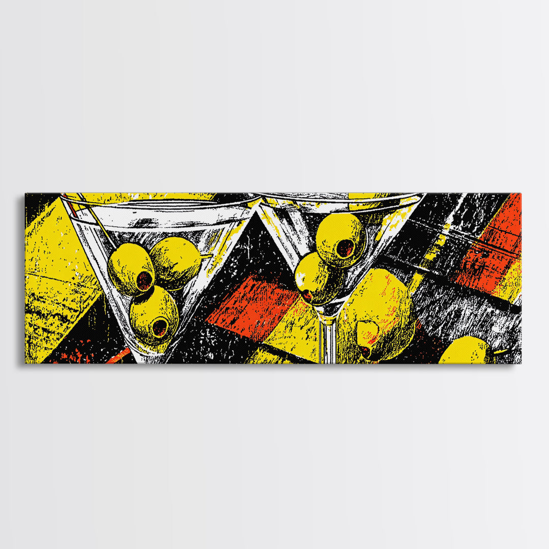 Bold Martini Glasses And Olives Wall Art, Retro Modern Cocktail Bar Decor, Yellow Black MCM Kitchen Poster Print For Lounge Decor