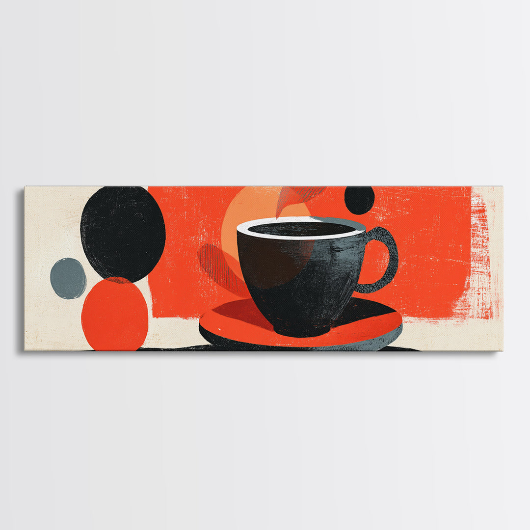 Minimal Black Coffee Cup With Red Circles Wall Art, Bauhaus Modern Kitchen Decor, Midcentury Abstract Cafe Poster Print Gift