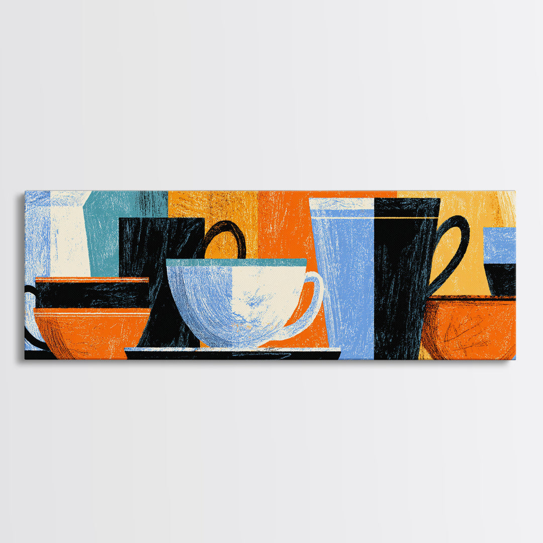 Modern Coffee Cups And Bowls Framed Canvas Print, Retro Kitchen Wall Decor, Midcentury Geometric Cafe Art For Dining Room