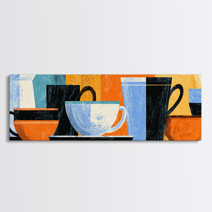 Modern Coffee Cups And Bowls Framed Canvas Print, Retro Kitchen Wall Decor, Midcentury Geometric Cafe Art For Dining Room