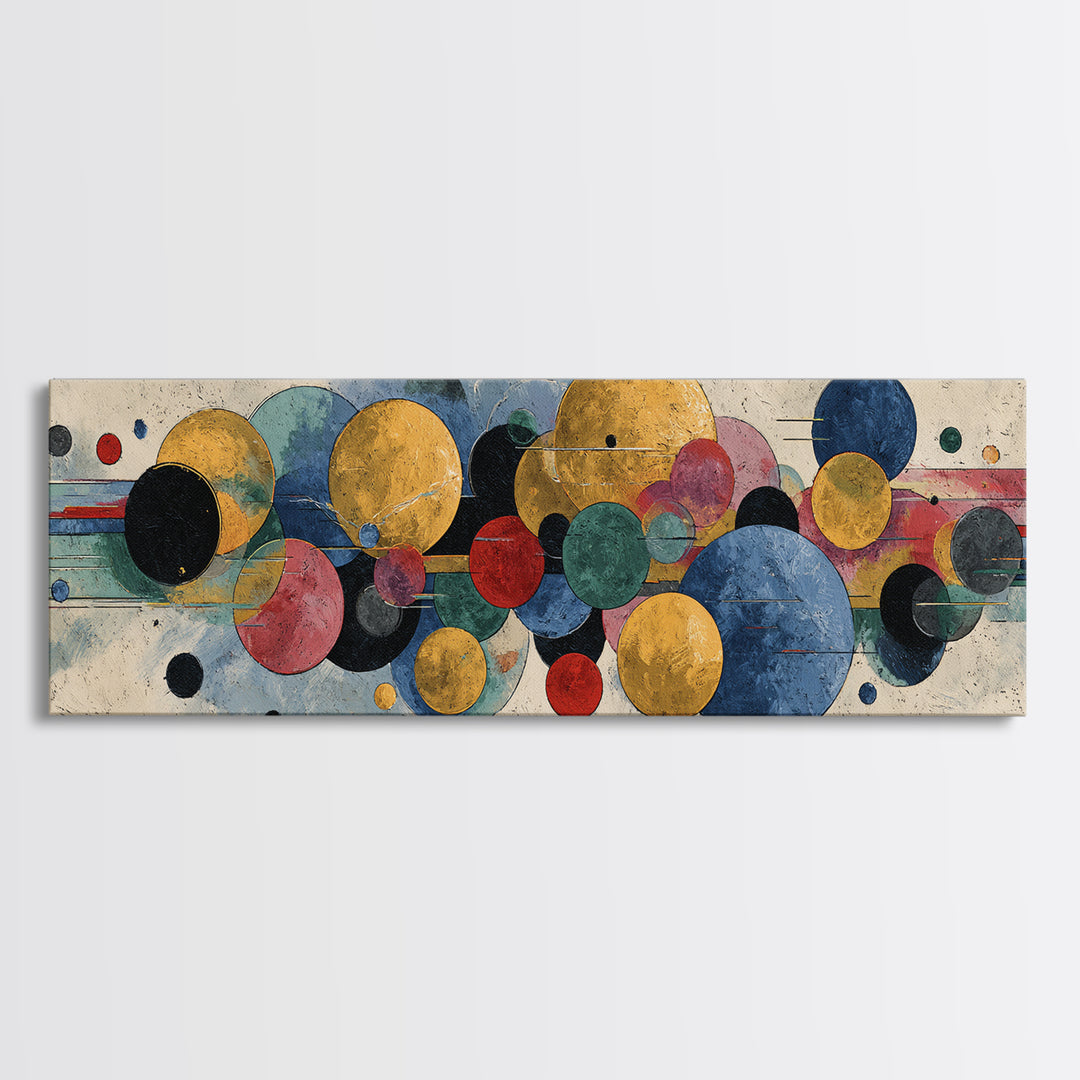Colorful Floating Circle Abstract Canvas Print, Midcentury Modern Wall Art, Geometric Poster, Office Living Room Decor Gift