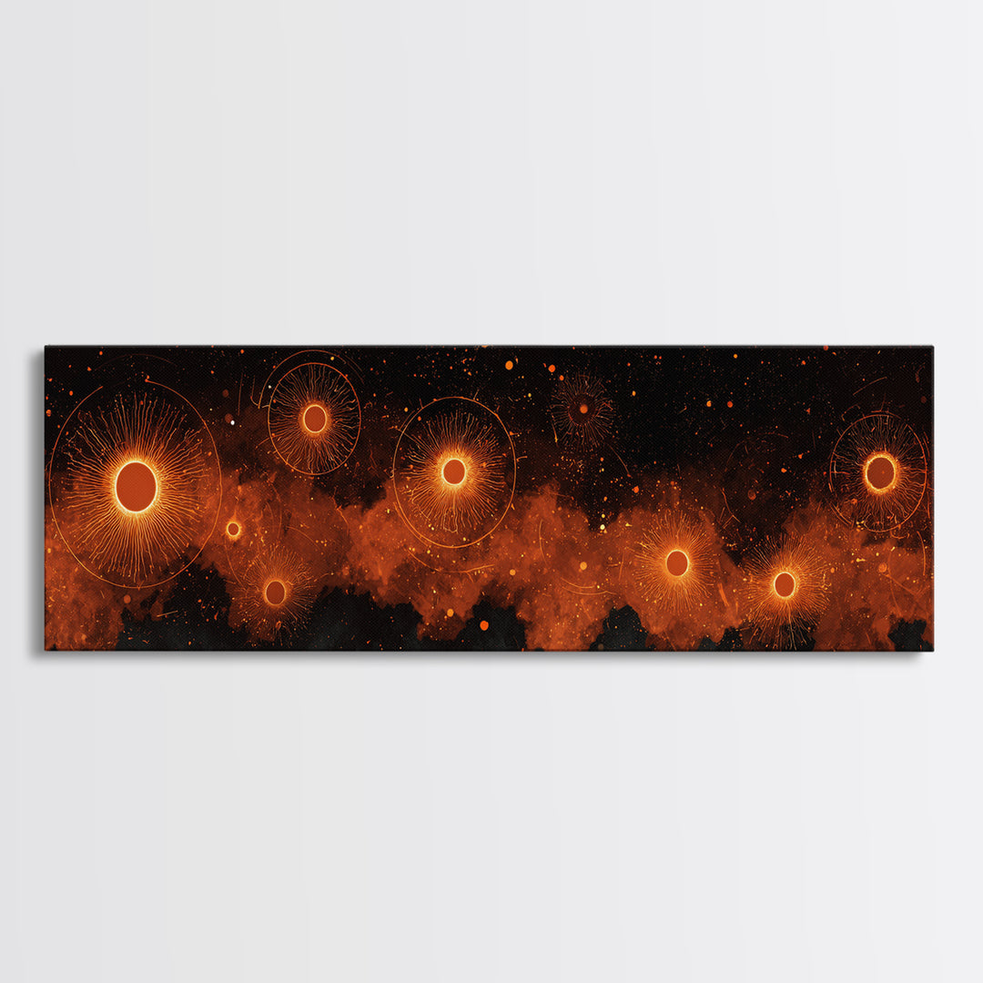 Glowing Orange Cosmic Suns Canvas Print, Space Abstract Wall Art, Modern Retro Poster, Moody Bedroom Office Decor Artwork