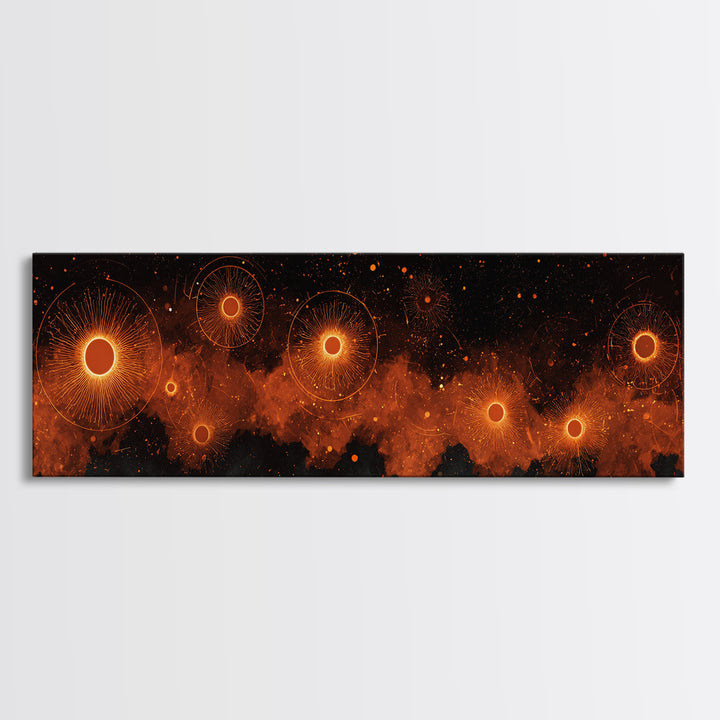Glowing Orange Cosmic Suns Canvas Print, Space Abstract Wall Art, Modern Retro Poster, Moody Bedroom Office Decor Artwork