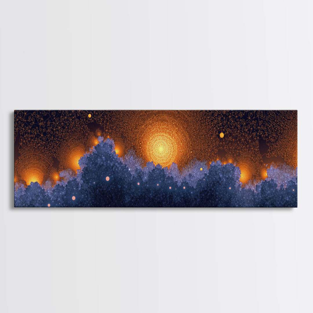 Golden Sun Over Blue Forest Wall Art, Cosmic Nature Canvas Print, Modern Abstract Poster, Moody Bedroom Office Decor Artwork