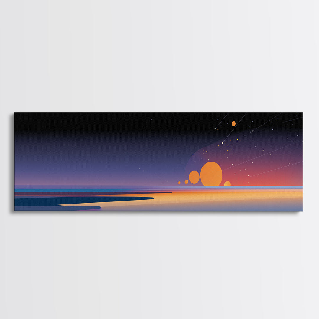 Minimalist Horizon With Orange Planets Wall Art, Retro Futuristic Canvas Print, Modern Space Poster, Office Bedroom Decor