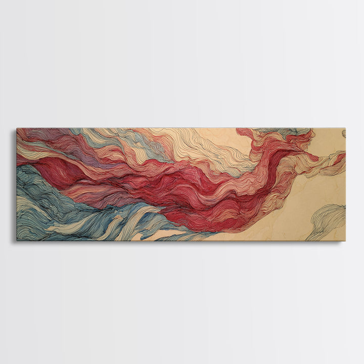 Red Blue Topographic Abstract Landscape Wall Art, Modern Canvas Print, Geometric Line Poster, Contemporary Office Decor Artwork