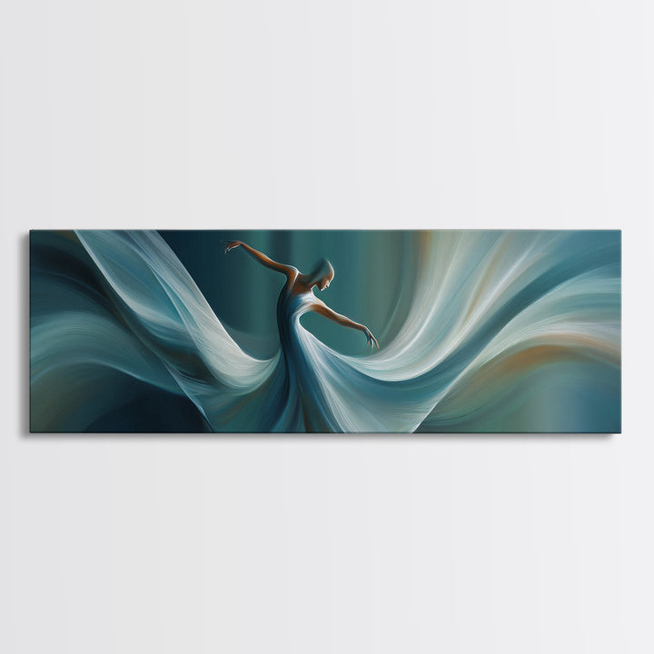 Graceful Dancer In Flowing Teal Dress Canvas Print, Elegant Modern Wall Art, Figurative Movement Poster, Bedroom Decor Gift