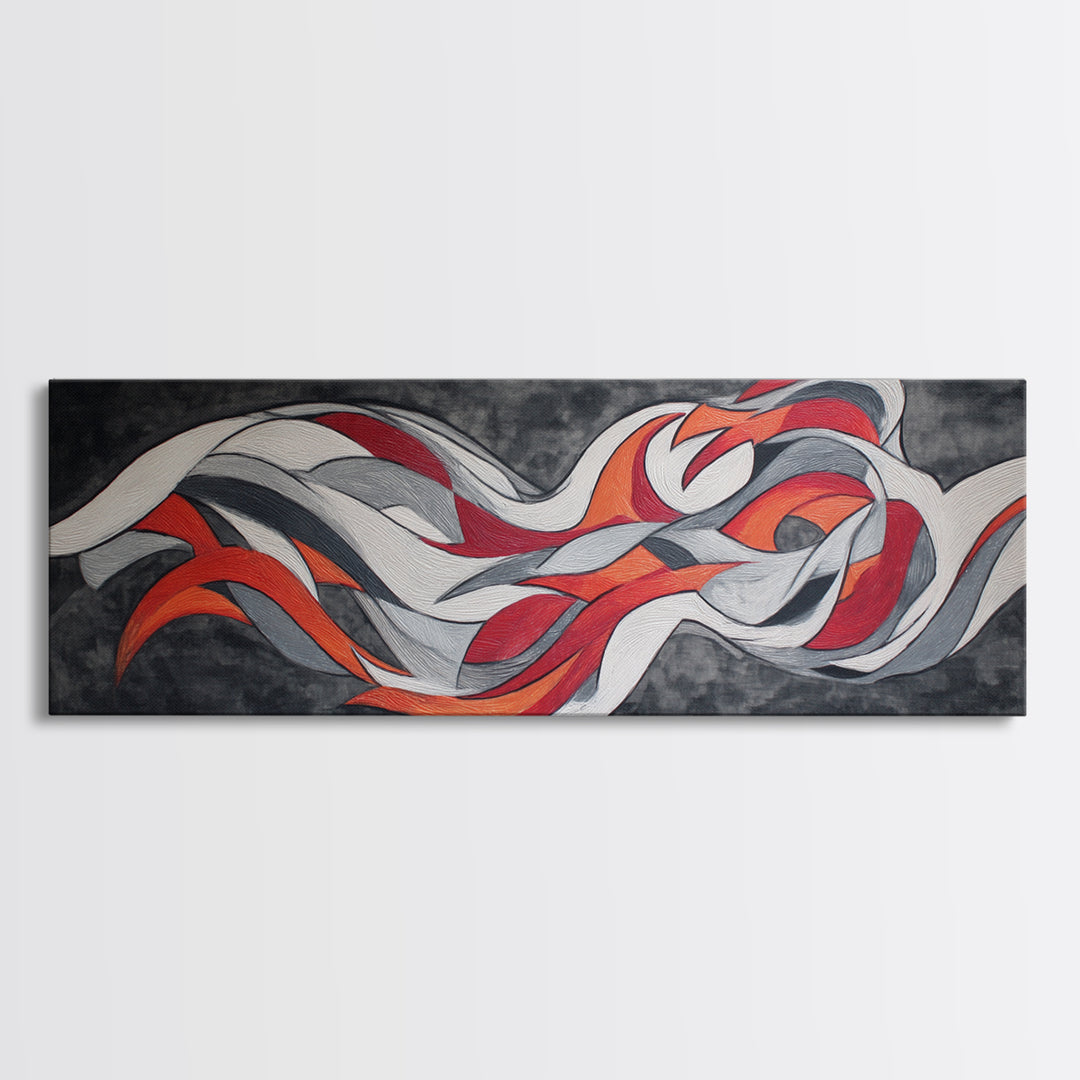 Flowing Red White Silver Ribbons Wall Art, Abstract Midcentury Modern Canvas Print, Retro Mcm Decor, Large Horizontal Art