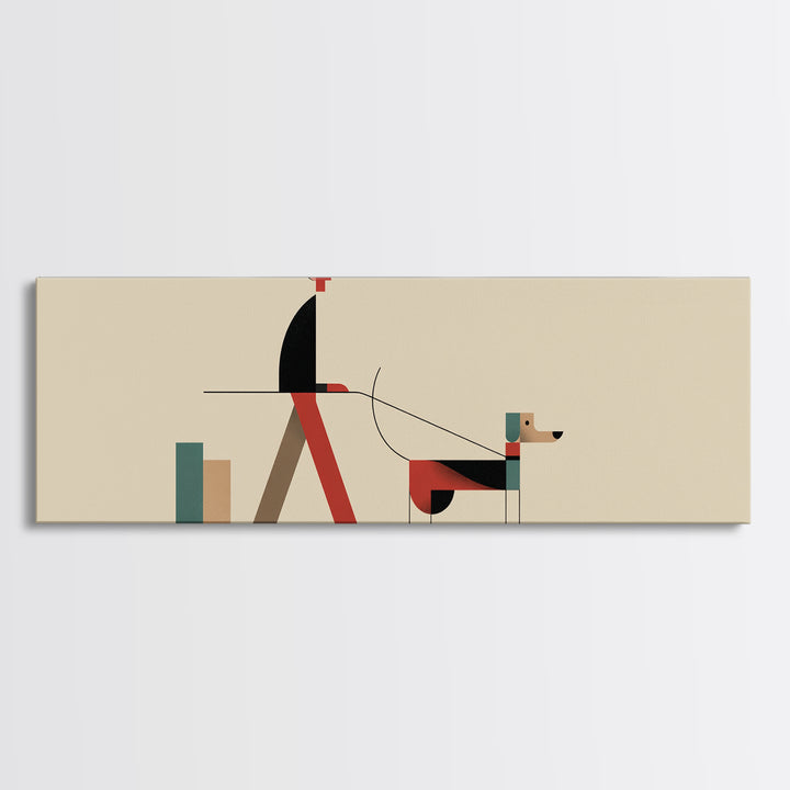 Minimal Man Walking Dog Framed Canvas Print, Mid Century Modern Art, Scandinavian Modern Wall Decor, Geometric Home Decor