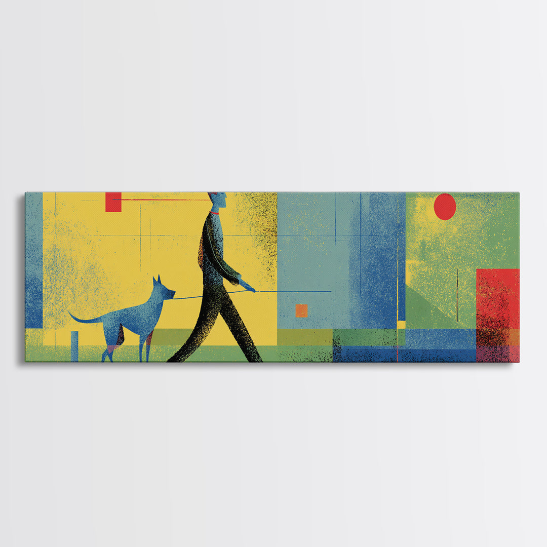 Textured Blue Dog Walker Wall Art, Mid Century Modern Canvas, Colorful Geometric Poster, Retro Abstract Living Room Decor
