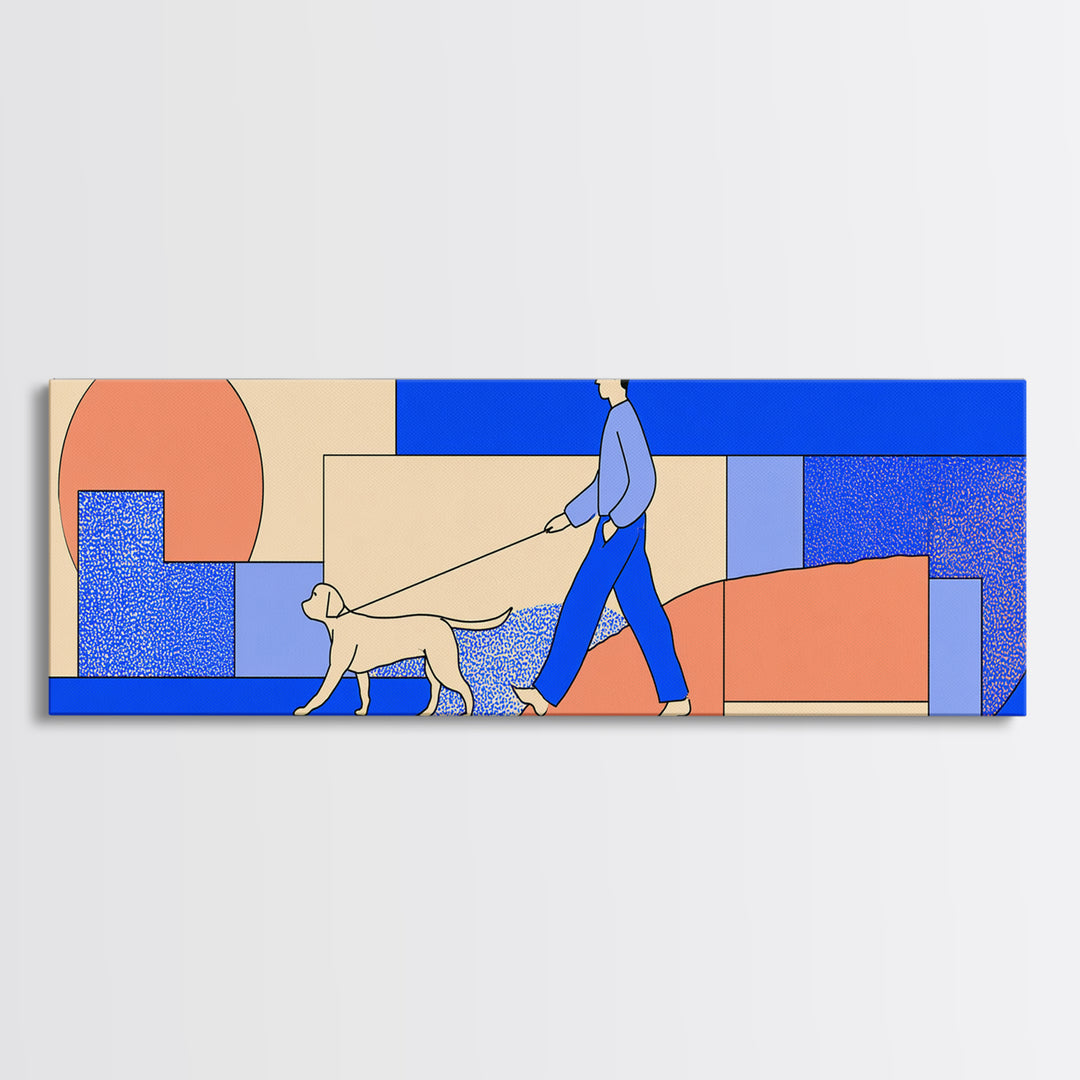 Minimal Blue Dog Walker Wall Art, Mid Century Modern Print, Scandinavian Geometric Decor, Coral Blue Home Office Art, Apartment Decor