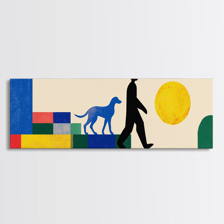 Sunny Geometric Dog Walker Wall Art, Mid Century Modern Canvas Print, Bold Primary Color Decor, Retro MCM Living Room Art