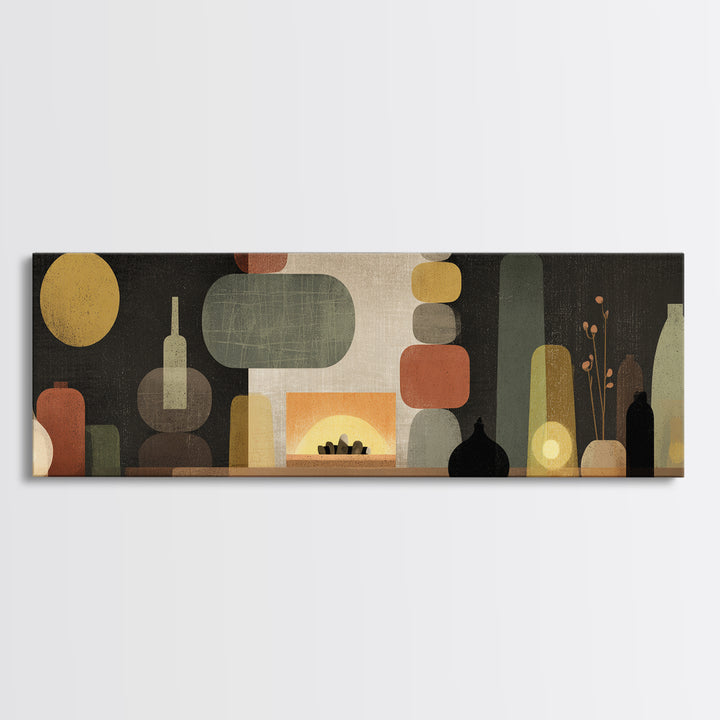 Glowing Fireplace Vessels Canvas Print, Midcentury Modern Wall Decor, Retro Abstract Art For Living Room, Office Decor, And Home Decor